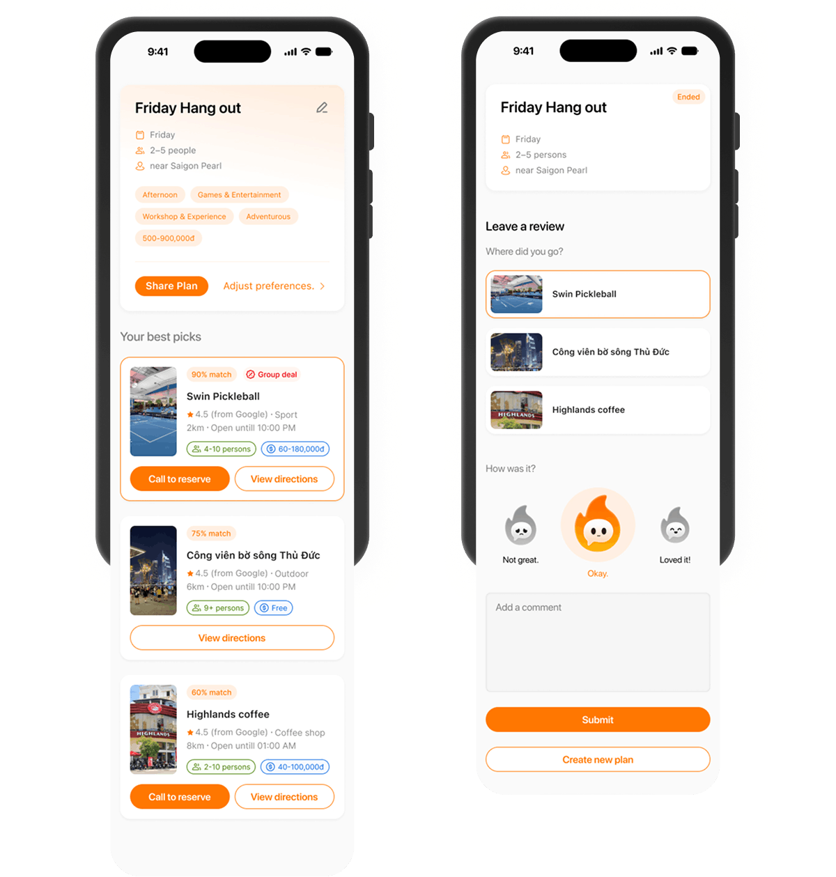 Plan results and group deal promotion screens
